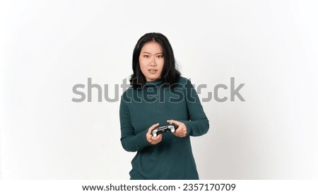 Holding Game Controller and Playing Of Beautiful Asian Woman Isolated On White Background