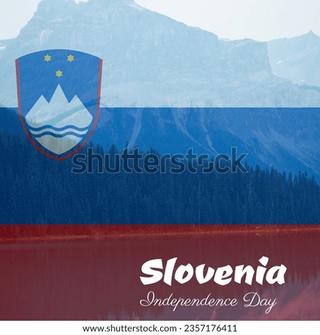 Composite of slovenia independence day text with scenic view of lush trees and mountains, copy space. nature, national flag, patriotism, celebration, freedom and identity concept.