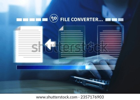 Converting document file extensions with an online platform system. A virtual screen that shows the process of changing a document. Royalty-Free Stock Photo #2357176903