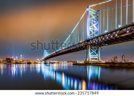 Ben Franklin Bridge and Philadelphia skyline by night as viewed from Camden, across the Delaware river