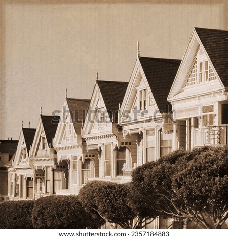 Painted Ladies Victorian houses, Alamo Square, San Francisco - California, USA, with sepia aged effect
