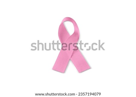 Photo of pink awareness ribbon isolated on white background. Contains clipping path around the ribbon.