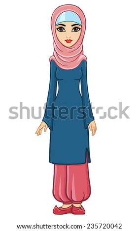 Animation beautiful Muslim girl in a hijab and wide trousers. Isolated. Full length vector portrait.