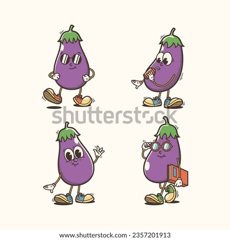 Set of Traditional Eggplant Cartoon Illustration with Varied Poses and Expressions
