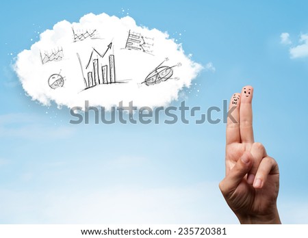 Happy cheerful smiley fingers looking at cloud with hand drawn charts