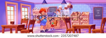 Woman on bakery shop counter and kid with bread cartoon background. Cafe store interior design with bread, donut and bun on showcase shelves. Happy character owner and man customer people scene Royalty-Free Stock Photo #2357207487