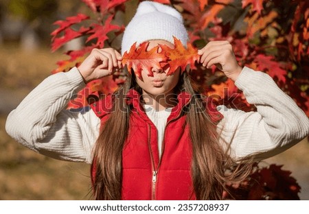 school girl in september. happy teen girl in fall. teenage girl at autumn oak leaves. teenage girl wear fall season clothes. fall nature fun. autumn beauty. Sweater weather Royalty-Free Stock Photo #2357208937