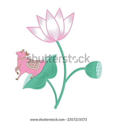 Beautiful pichwai lotus and cow frame , Clip art