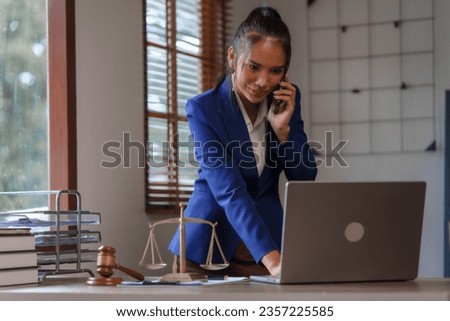 Asian female people in formal suit with digital legal consultation, business executives with online attorney, e-meeting with lawyer, virtual law consultation, corporate legal advisor online