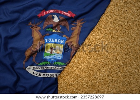 wheat grain on the waving colorful big flag of michigan state .macro shot.