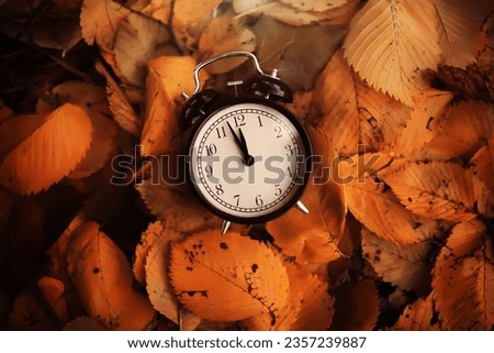 alarm clock on autumn leaves natural background Royalty-Free Stock Photo #2357239887