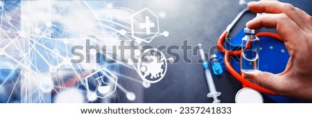 Health care concept. EU flag and stethoscope on gray background. Vaccination and epidemic.