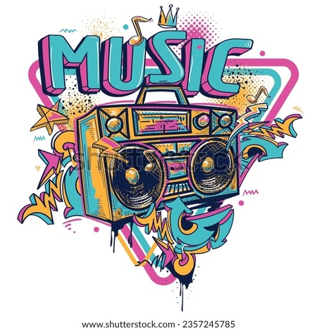 Music emblem - funky boom box tape recorder  with colorful abstract graffiti arrows and notes Royalty-Free Stock Photo #2357245785