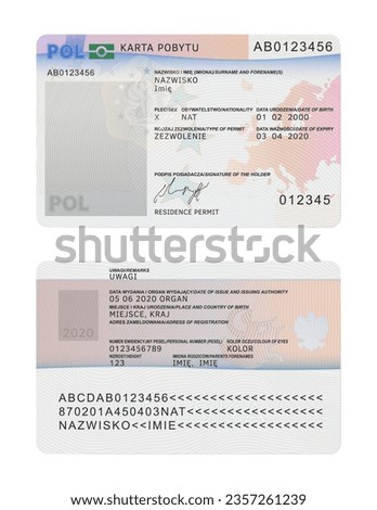 Polish residence permit card template. Document. Vector illustration. Poland Royalty-Free Stock Photo #2357261239