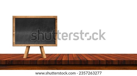 Close-up of an empty wooden table top for products display (kitchen or bar counter) with blank blackboard, isolated on white background. 3D illustration and photography, png.