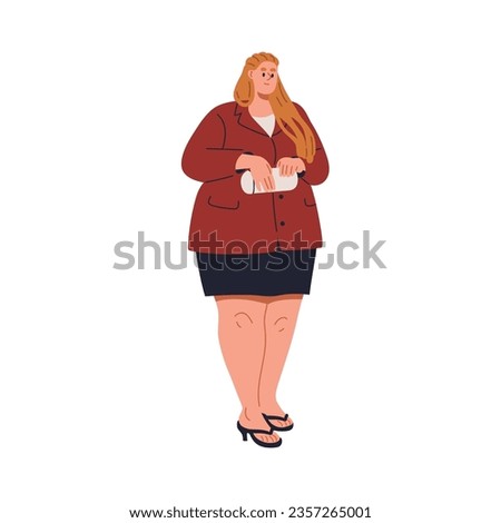 Fat chunky plus-size woman standing in short skirt. Young smiling chubby plump girl in blazer, sandals. Female character, person with obesity. Flat vector illustration isolated on white background Royalty-Free Stock Photo #2357265001