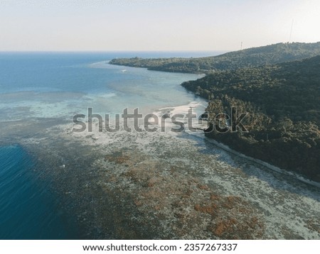 Aerial view of Bobby Beach in Karimunjawa Islands, Jepara, Indonesia. Remote  Island, coral reefs, white sand beaches.