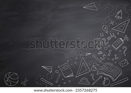 Creative back to school sketch on chalkboard wall background with mock up place. Education and knowledge concept