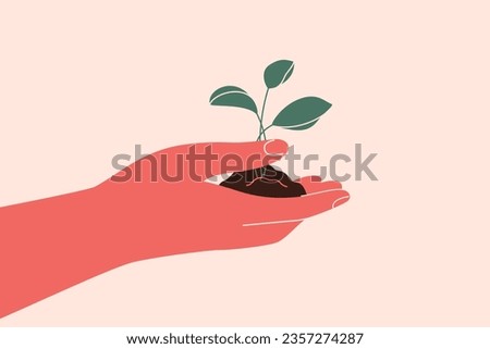 Human hand holds small green tree. Young Plant growths from the ground and person keeps it in his palm. Green energy and sustainable lifestyle concept. Save the planet vector ecology illustration Royalty-Free Stock Photo #2357274287