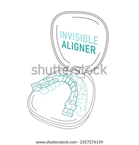 Orthodontic silicone trainer. Invisible braces aligner, retainer. Medical treatment. Opened tray. Plastic case with transparent braces. Editable vector illustration isolated on a white background. Royalty-Free Stock Photo #2357276159