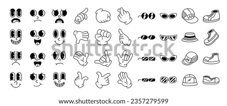 Set of 70s groovy comic vector. Collection of cartoon character faces in different emotions and hand, glove, glasses, hat, shoes. Cute retro groovy hippie illustration for decorative, sticker.