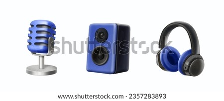 Microphone, audio speaker and headphones. 3d audio music equipment. Vector illustration