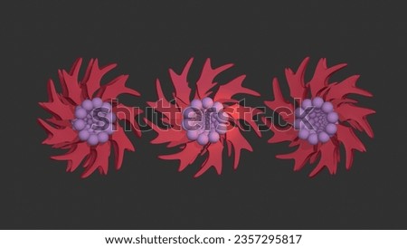 3D abtract flower radial shape with 3 view the shape like shuriken and ball inside