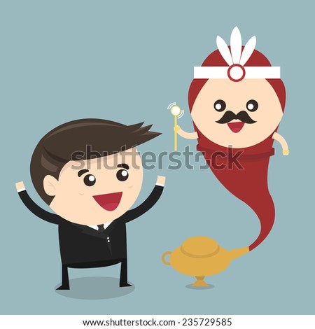 Businessman and genie giant in the magic lamp, flat design, vector