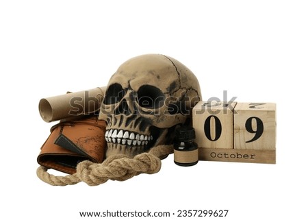 Human skull with leather map, isolated on white background