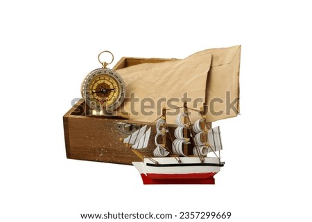 A ship with old letters and a compass, isolated on white background