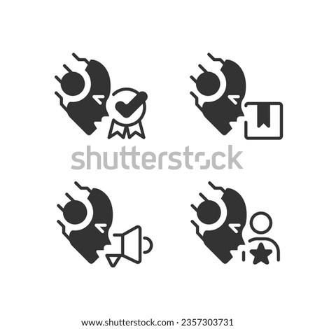 Artificial intelligence in business black linear glyph icons set. AI software. Company development. Negative space silhouette symbols. Solid pictograms. Vector isolated illustrations