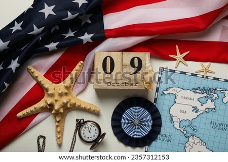 Columbus Day. American flag with map and calendar