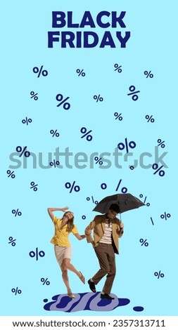 Contemporary art collage. Stylishly dressed couple, man and woman walking with umbrella in rain of percents signs. Concept of Black Friday, shopping, big sales. Banner, copy space, ad