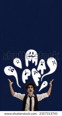 Trick or treat. Portrait of satisfied woman with scary make-up, monster surrounded ghoasts. concept of holidays, party, friday mood, fears, sales. Banner with copy space for ad. Flyer. Poster.