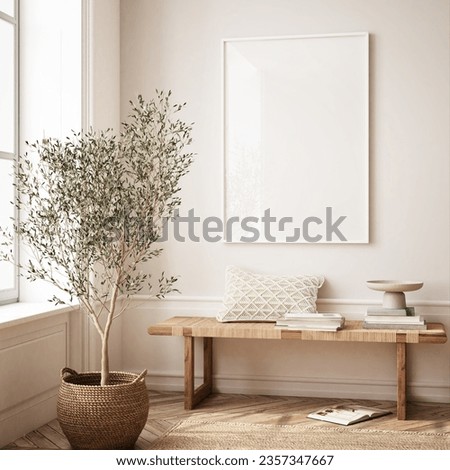 Single vertical ISO A0 frame mockup, reflective glass, mockup poster on the wall of living room. Interior mockup. Apartment background. Modern Japandi interior design. 3D render