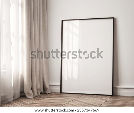 Single vertical ISO A0 frame mockup, reflective glass, mockup poster on the wall of living room. Interior mockup. Apartment background. Modern Japandi interior design. 3D render Royalty-Free Stock Photo #2357347669