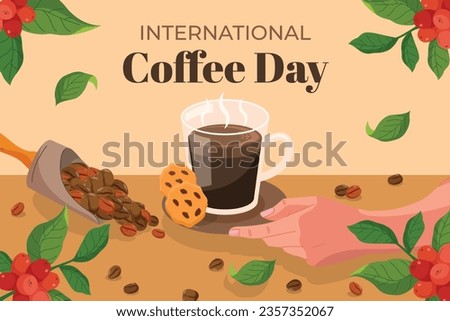 World coffee day celebration. happy international coffee day background. October 1. international day of coffee. Vector illustration. Poster, Banner, Greeting Card, Flyer, Template. coffee cup. beans.