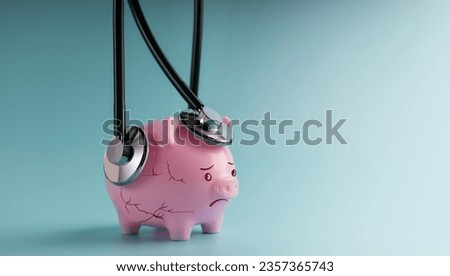 Economic Crisis Concept. Emergent Meetup, Financial Checkup, Review with a Financial Expert Doctor for Examination of Valuable Financial, Money, Cost, Debts, Retirement. a Depressed Piggy Bank Royalty-Free Stock Photo #2357365743