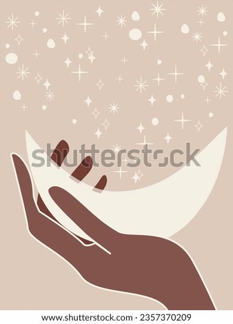 Vector poster moon in hand, on the background of starfall