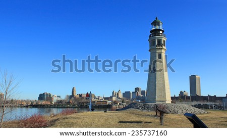 Buffalo North Breakwater Lighthouse at day with the city in the background