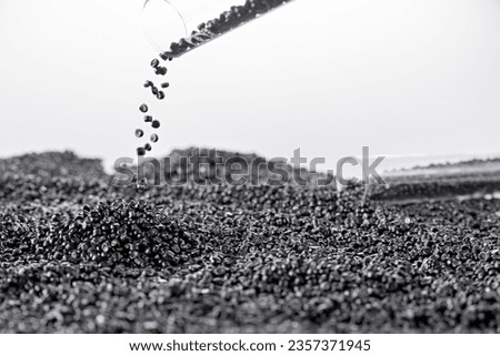White plastic grain, plastic polymer granules,hand hold Polymer pellets, Raw materials for making water pipes, Plastics from petrochemicals and compound extrusion, resin from plant polyethylene. Royalty-Free Stock Photo #2357371945