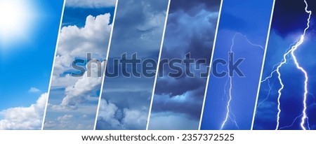 Diverse sky. Clouds in different weather. Sun and thunder. Lightning in night sky. Background weather forecast. Climate change concept. Deterioration weather conditions. Summer sky turns into storm