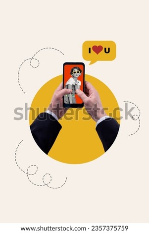 Vertical collage image human hands hold smartphone touchscreen girlfriend send air kiss i love you isolated on white color background