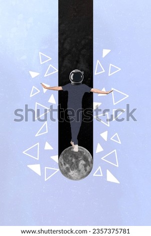Vertical collage picture of astronaut helmet guy standing balancing mini full moon isolated on painted blue background