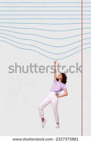 Vertical collage image of excited cheerful mini girl dance point finger curved copybook page striped lines isolated on creative background
