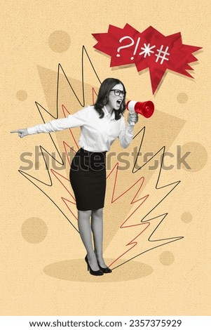 Vertical collage picture of unsatisfied outraged black white colors girl communicate loudspeaker scream point finger isolated on beige background