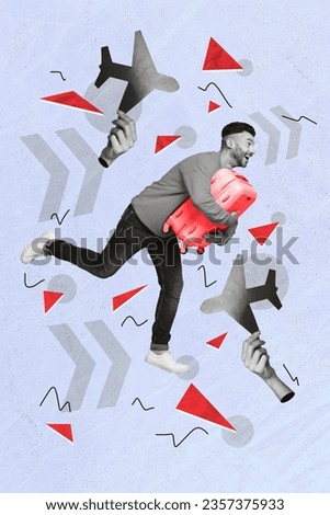Vertical collage picture of excited black white guy run suitcase big arms hold planes isolated on painted blue background