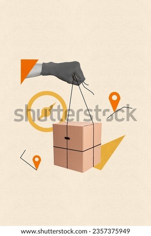 Vertical creative composite photo collage of human hand hold heavy box deliver to address in time isolated on beige color background