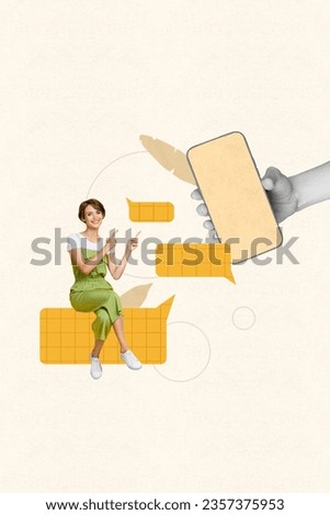 Vertical composite photo collage of girl sit on textbox directing at smartphone screen leave comment isolated on painted background