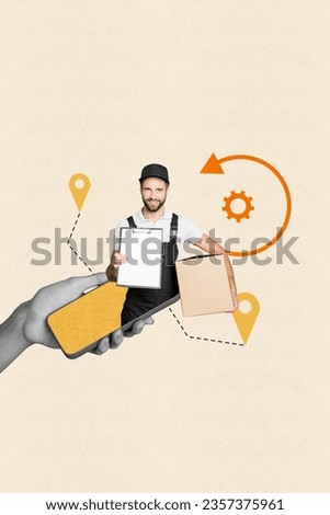 Vertical creative composite 3d photo collage of courier recommend make order online in convenient app isolated on beige color background Royalty-Free Stock Photo #2357375961